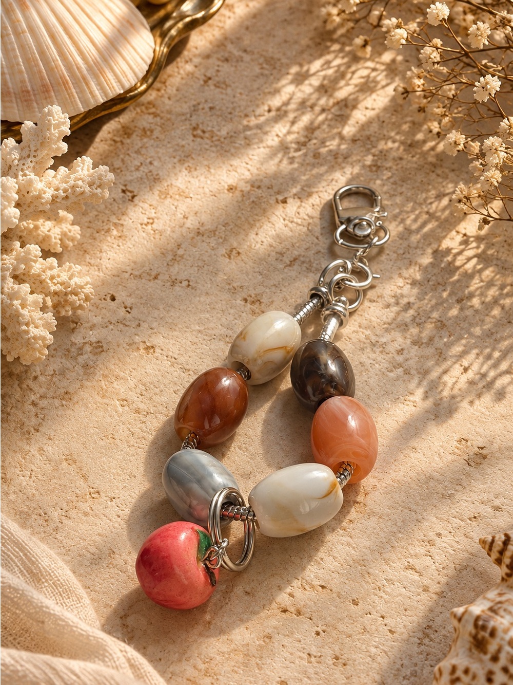 Multi-Color Beaded Charm Keychain with Apple